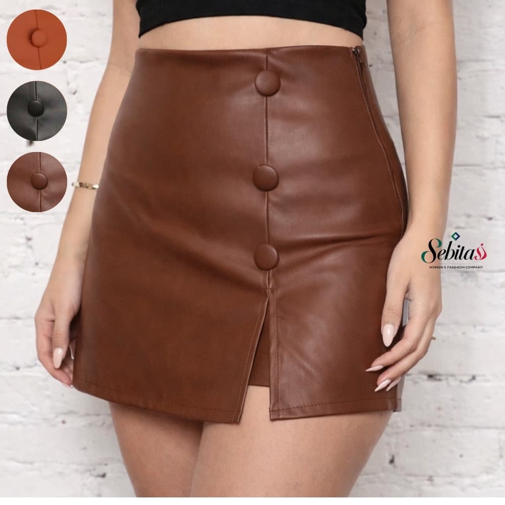 SHORT COURO FEMININO BOTÕES FORRADO ZÍPER LATERAL SAIA COURINHO