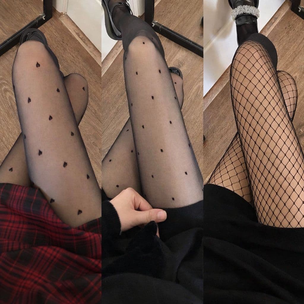 Meia-calça 20 deniers Daniel, com linhas de sustentação, poás, corações e meia arrastão preta