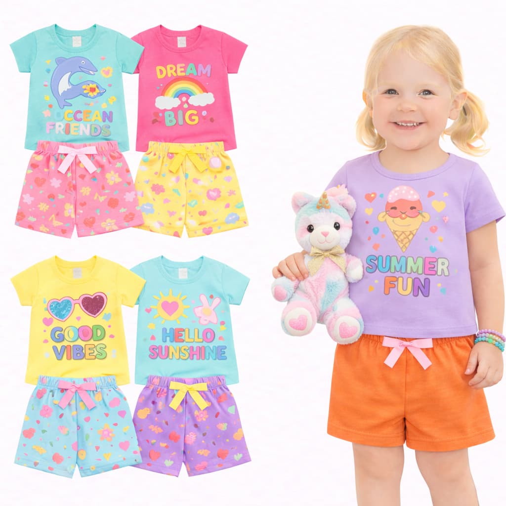 kit 10 Peças Roupa Infantil Menina Verão Kit 5 ou 1 Conjuntos de Verão Feminino Infantil Moda Praia ,Escola,Passeio