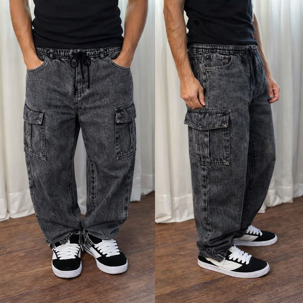 Calças Jeans Balão Cargo Boca Larga Masculinas Bolso Lateral