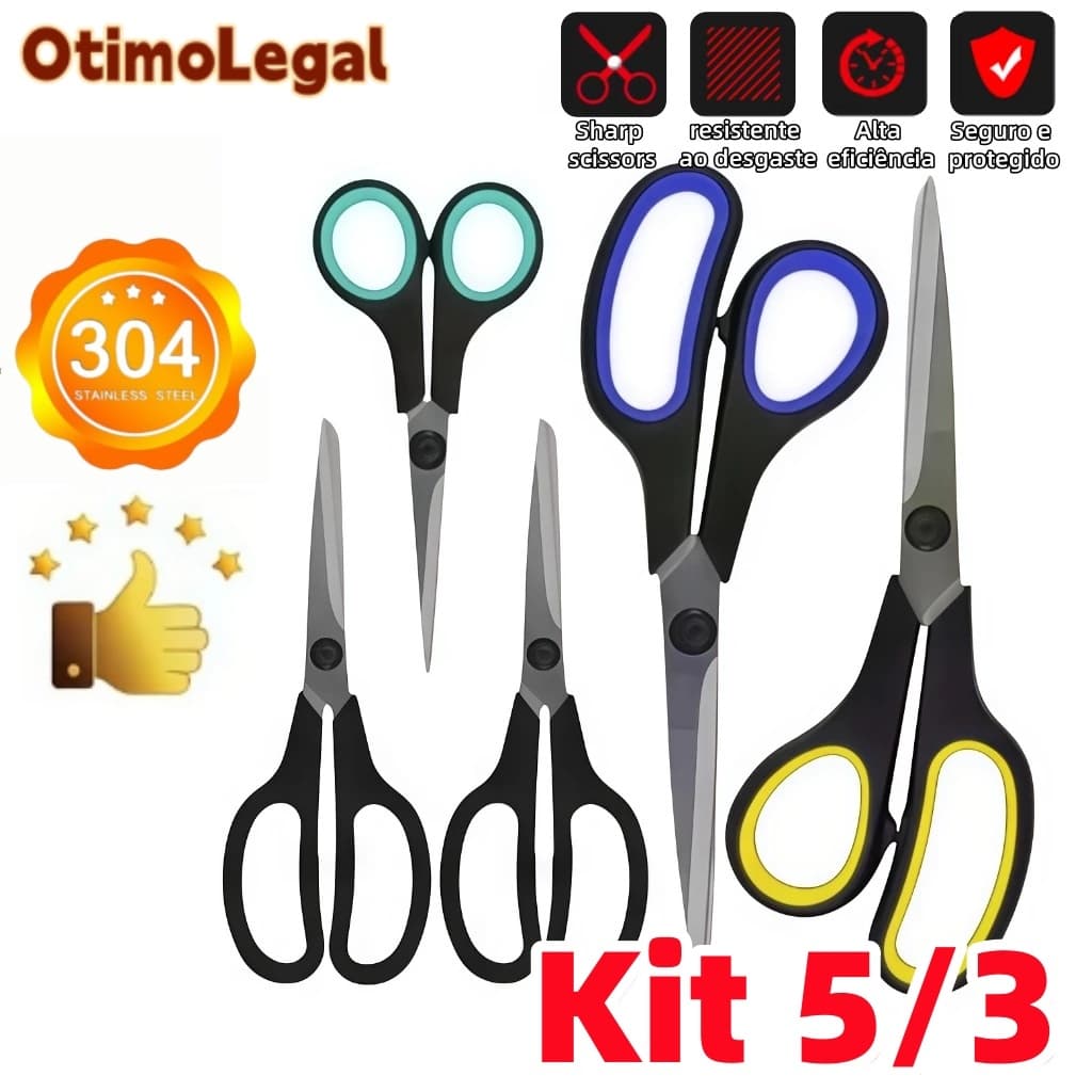 Kit 5/3 Tesouras Afiadas Multiuso Aço Resistente inoxidável Laminado Otimolegal