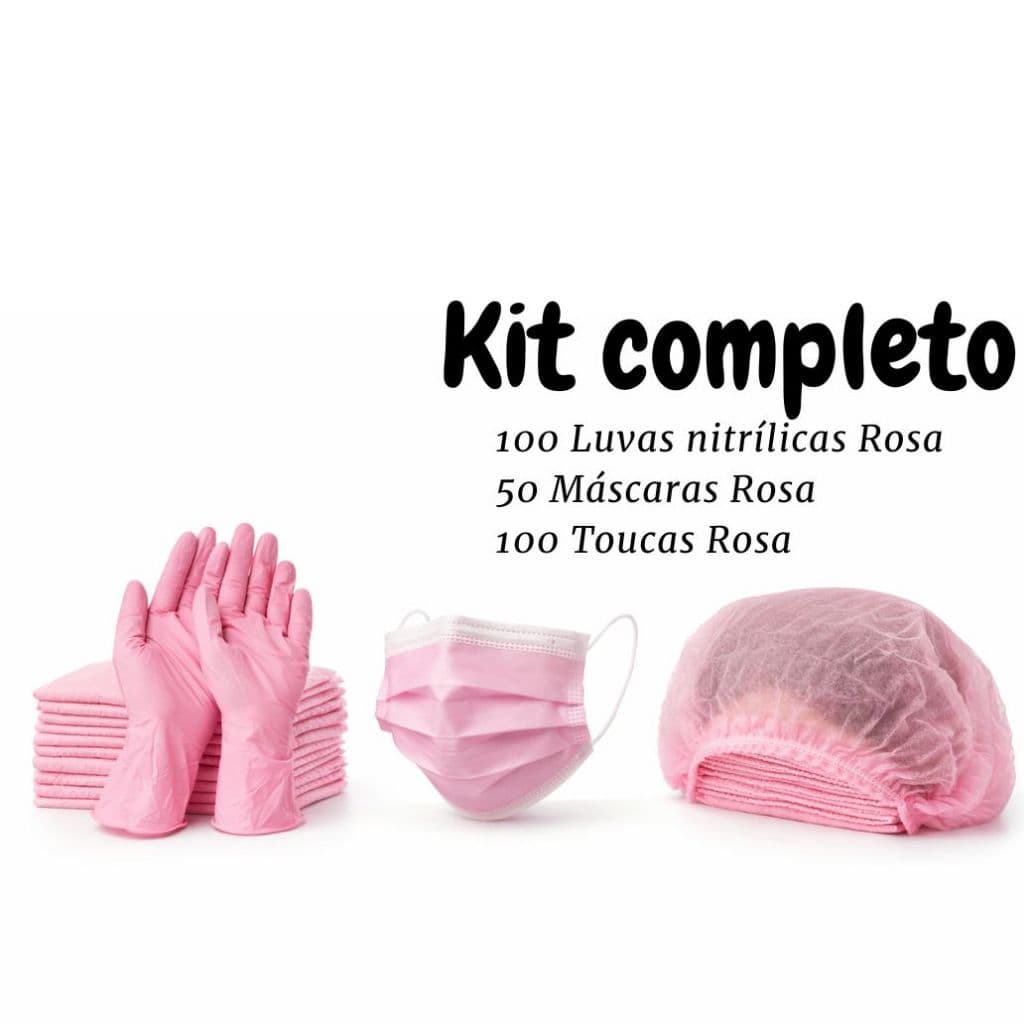 Kit Luva Nitrílica Rosa 100und + Máscara Rosa 50und + Touca rosa 100un