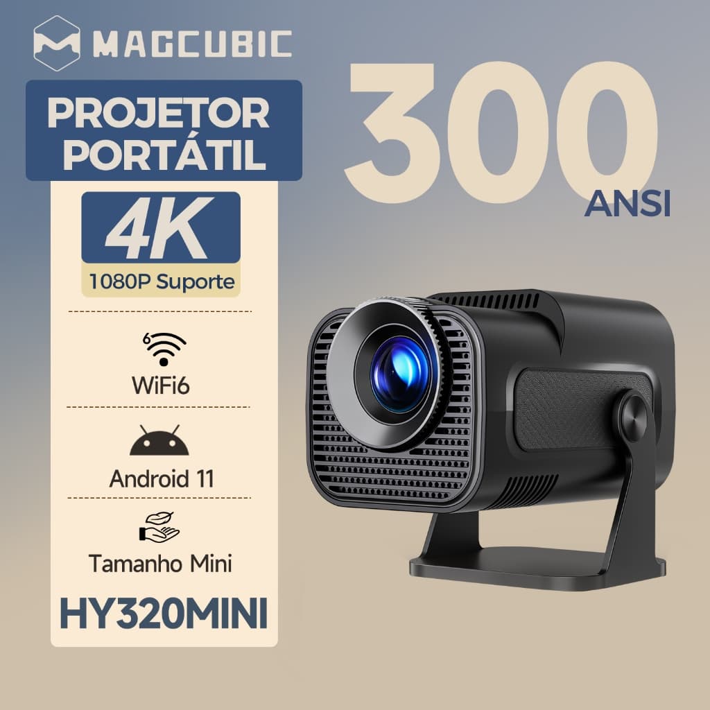 MAGCUBIC HY320 Mini Projetor 4K 300 ANSI WiFi 6 de banda dupla Cinema portátil