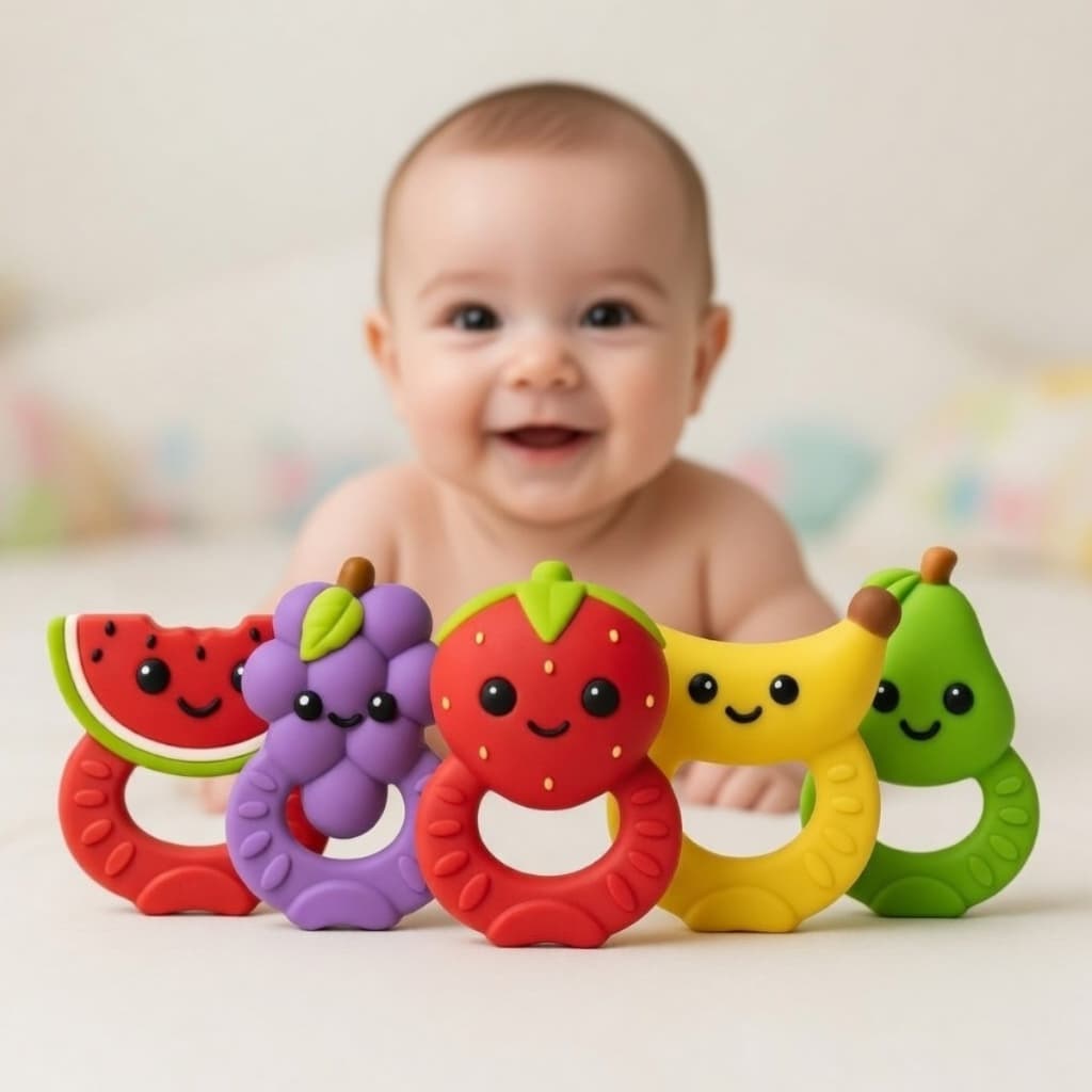 Kit Mordedor Frutinhas Bebe Latex Natural Macio Texturas Massageador Gengiva Dentição Atóxico BPA Free INMETRO