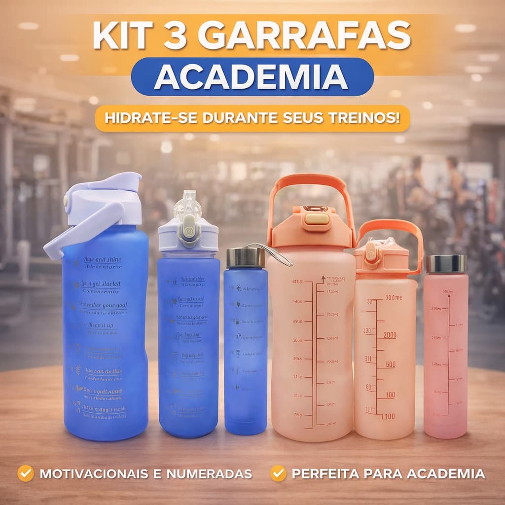 Garrafas De Água Academia Escola C/ Canudo Frases Squeeze Motivacional Kit 3