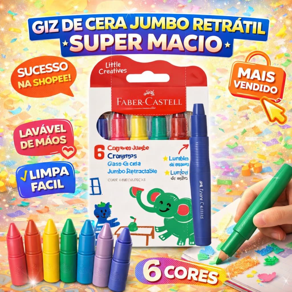 Giz de Cera Jumbo Faber Castell 6 Cores Supermacio Lavável Retrátil Infantil Escolar