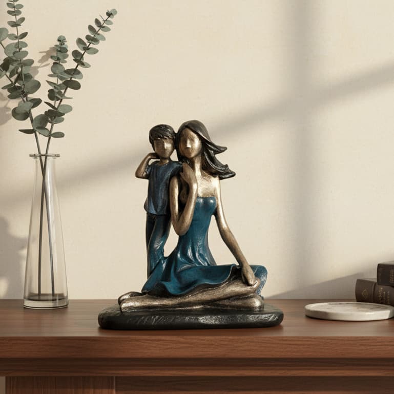 Escultura Estatueta Família Mãe com Filho Sentada- Maternidade Afeto Carinho Amor - Decorativo Luxo