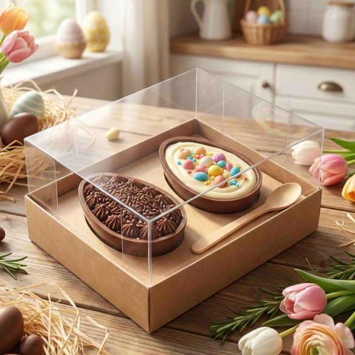 Embalagem para Ovo de Colher Duplo 50g em papel Kraft | Branco - 10,5x08x05cm - Pacote com 10 unidades