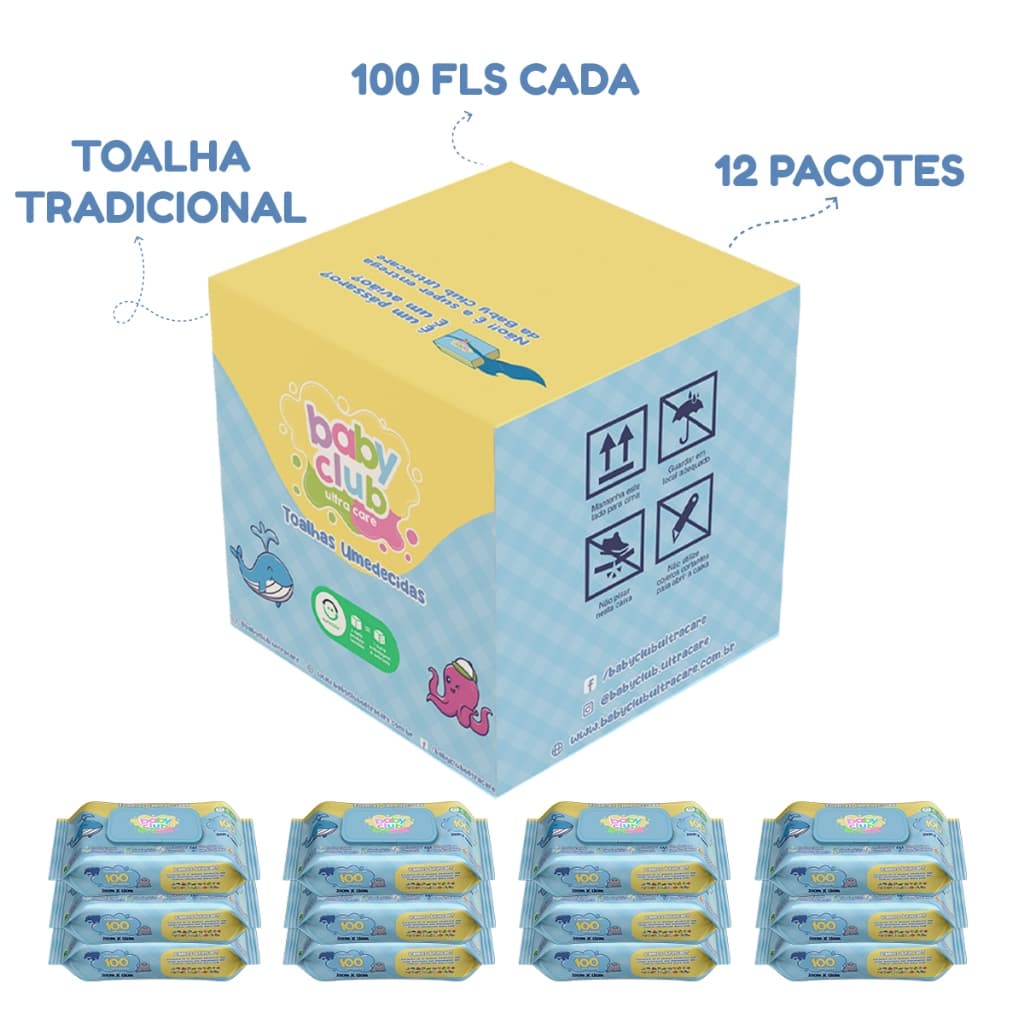 Kit 12 Toalhas Umedecidas Baby Club Tradicional 100 Folhas Cada
