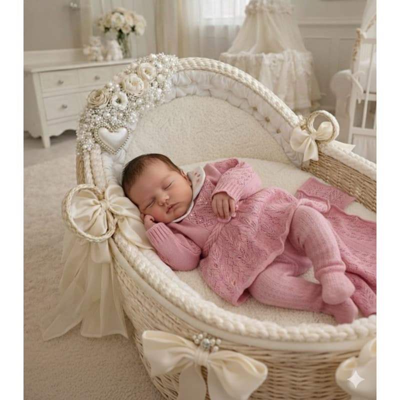 Saída de Maternidade em Tricô Premium Rosa com 3 peças - Vestido, calça e manta