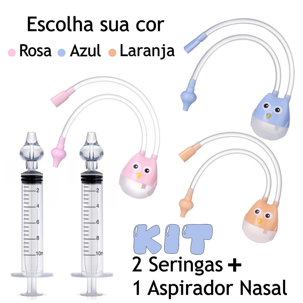 Kit 2 Seringas E 1 Aspirador Nasal Lavagem e Limpeza Nasal para Bebês Rosa, Azul ou Laranja