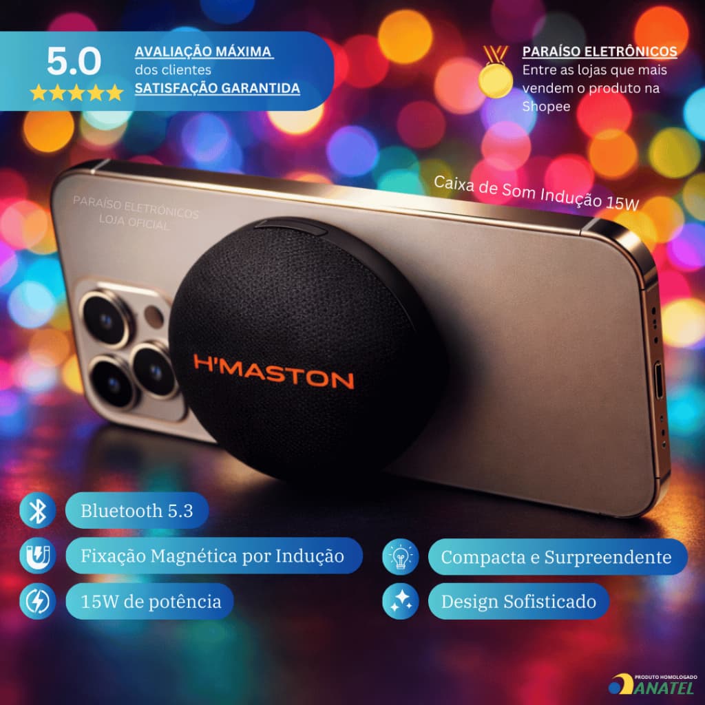 [ORIGINAL] Caixa de Som 15W Indução Bluetooth Sem Fio Portátil Magnética Prova d'Água HMaston AM-55