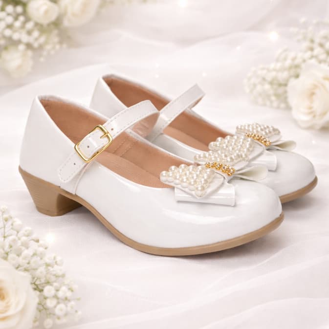 Sapatilha Infantil Menina Laço Perola Saltinho Princesa Daminha Confortável Macio Casamento Festa