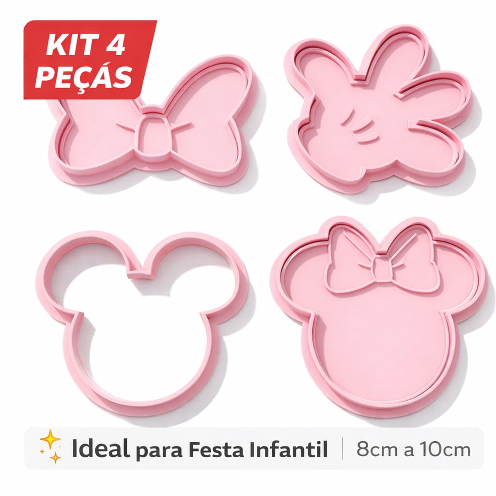 Kit Cortador Minnie e Mickey 4 Peças | Molde para Biscoito, Pasta Americana e Fondant | Festa Infantil