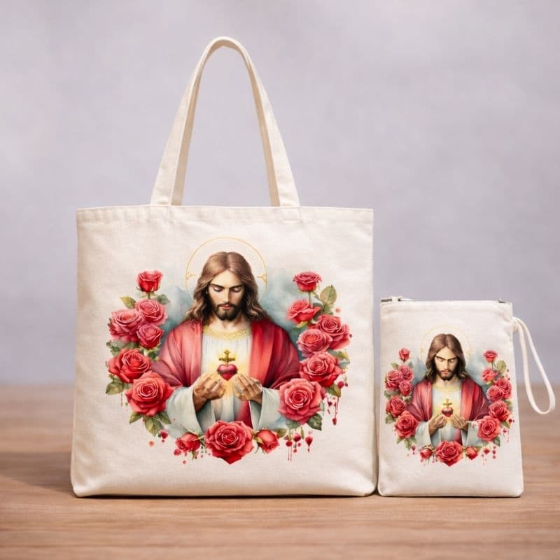 Kit Bolsa Porta Bíblia + Necessaire Porta Celular em Algodão Cru | Bolsa Católica Feminina para Missa e Igreja | ecobag
