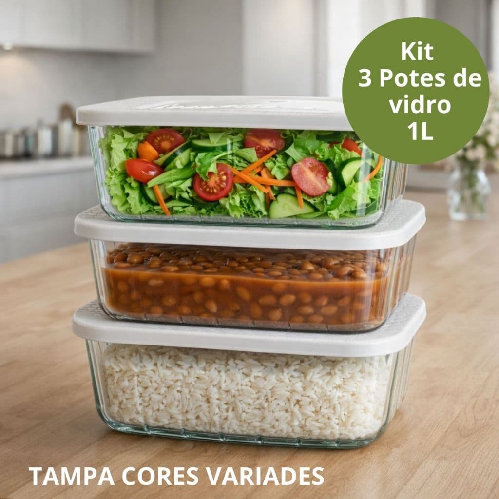 Kit 3 Potes Tigela de vidro Retangular 1Litro Tampa de Plastico