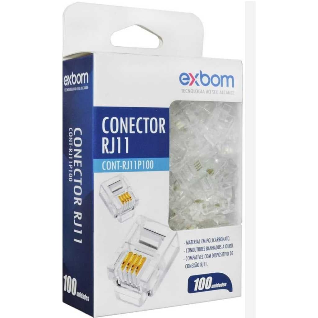 Kit 100 conector Rj11 Telefone Interfone 4 vias Exbom