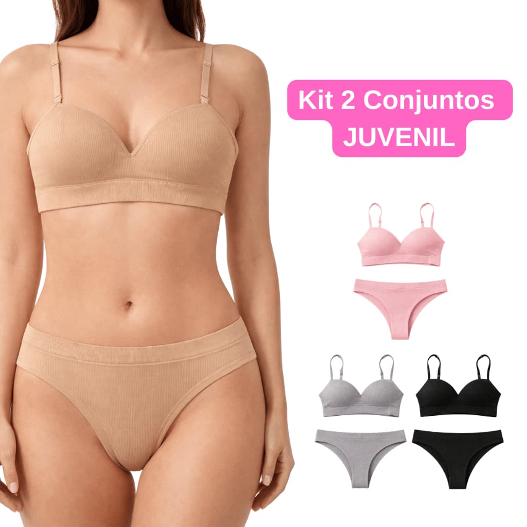 Sutiã Juvenil com Bojo + Calcinha Kit 2 Conjunto Canelado para Menina Adolescente Confortável Sem Aro