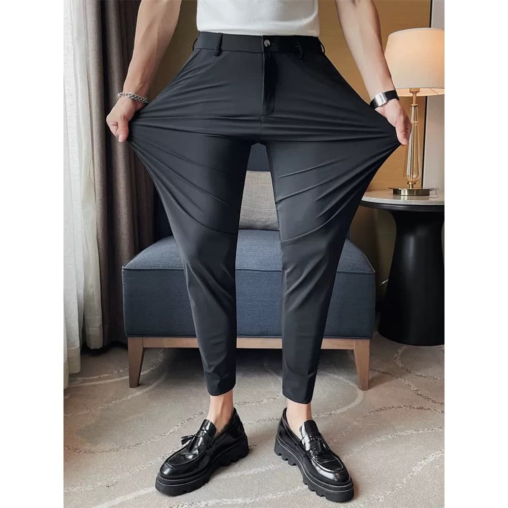 Calças casuais masculinas em seda gelada, alta elasticidade, novo estilo de verão, calças cropped, corte slim