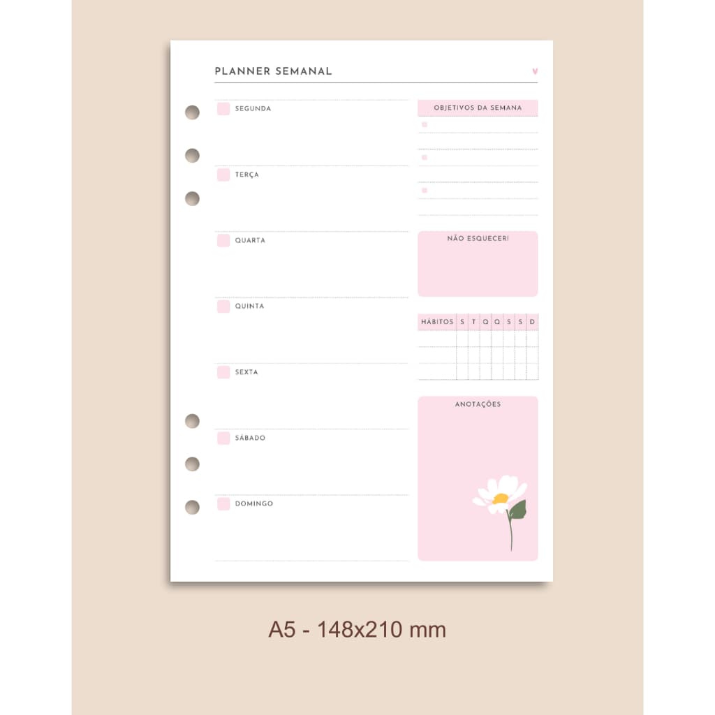Refil Planner Semanal - Binder/Fichário 6 furos - A5 e A6/Personal