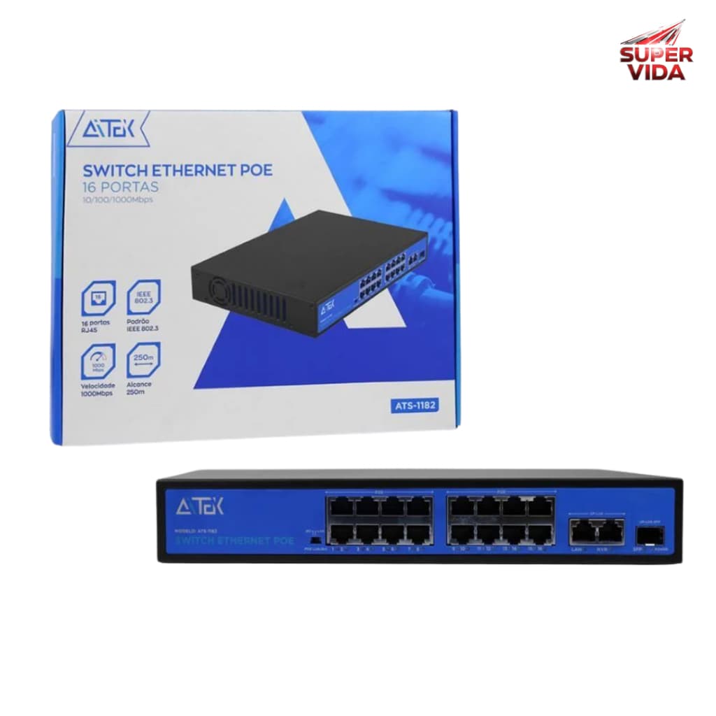 Switch PoE 8 e 16 Portas Gigabit – ATS-182 e ATS-1182 | Ideal para CFTV e Redes