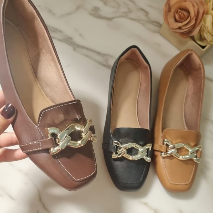 Mocassim Feminino Bico Quadrado Calçado Confortavel Versatil Enfeite Casual ABS Metal Sapatilha Moda