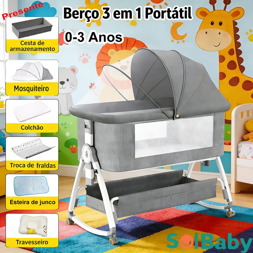 Berço Moises 0 a 3 Anos Portátil com Balanço Mesa de Fraldas Mosquiteiro e Altura Ajustável