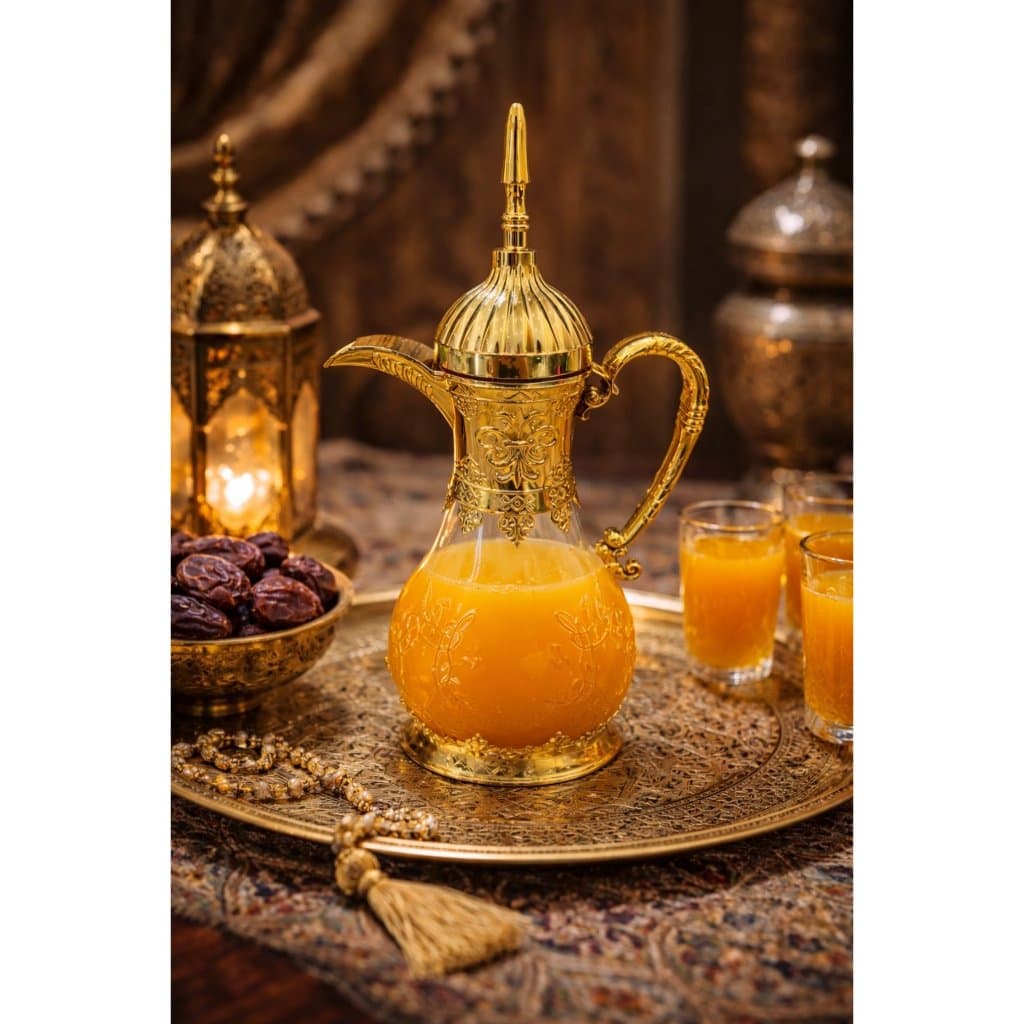 Jarro De Agua Suco Cha Arabe Garrafa 1,6l Detalhes Luxo Dourada Vidro Frio Exclusiva Jarra
