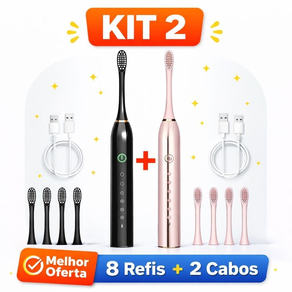 Kit 2 Escovas Elétricas Sônicas IPX7 + 8 Refis |  7 Modos  | Recarregável USB | Limpeza Profissional
