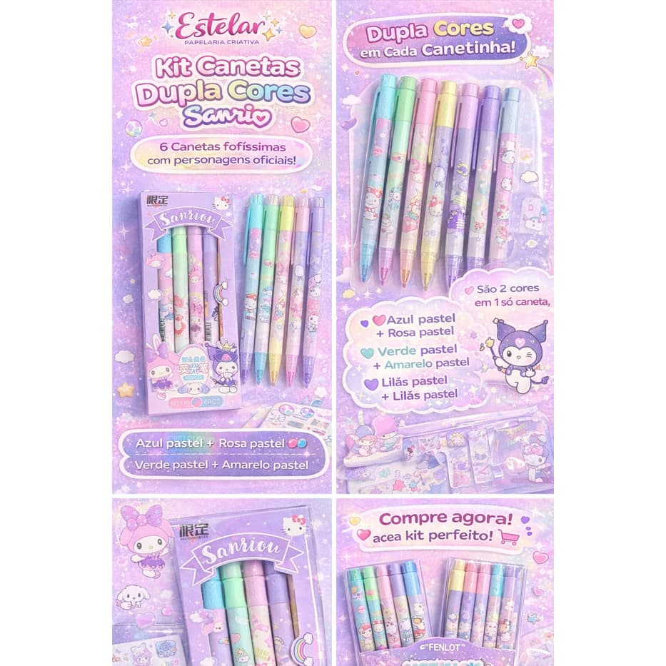 Kit Marca Texto Sanrio Pastel 6 Cores – Ponta Dupla – Fofo Escolar | Estelar Papelaria