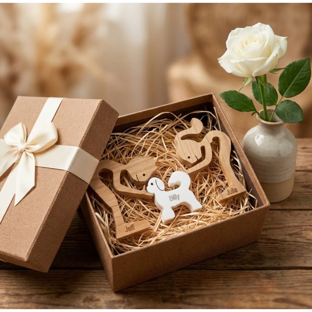 Escultura em Madeira MDF Casal com Cachorro Item Decorativo para Casa e Escritório Homenagem ao Pet