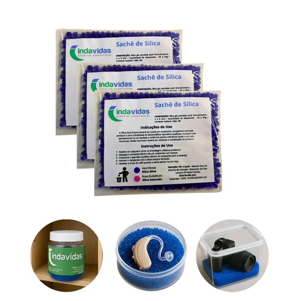 Kit 3 Pacotes - Sílica Azul Refil para Desumidificador de Aparelho Auditivo - Sachê 30 g