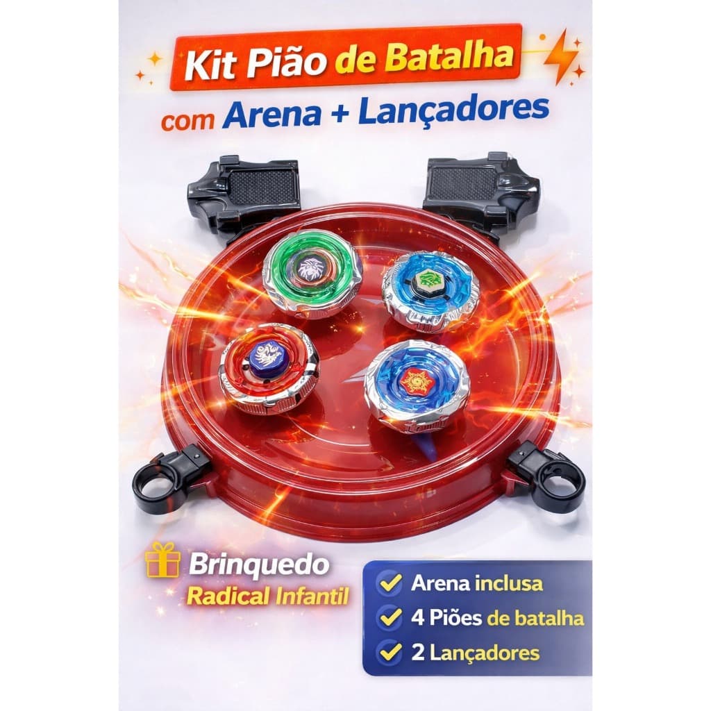 Kit Pião de Batalha com Arena + Lançadores – Brinquedo Radical Infantil - Beyblade Metal Com Led Luz