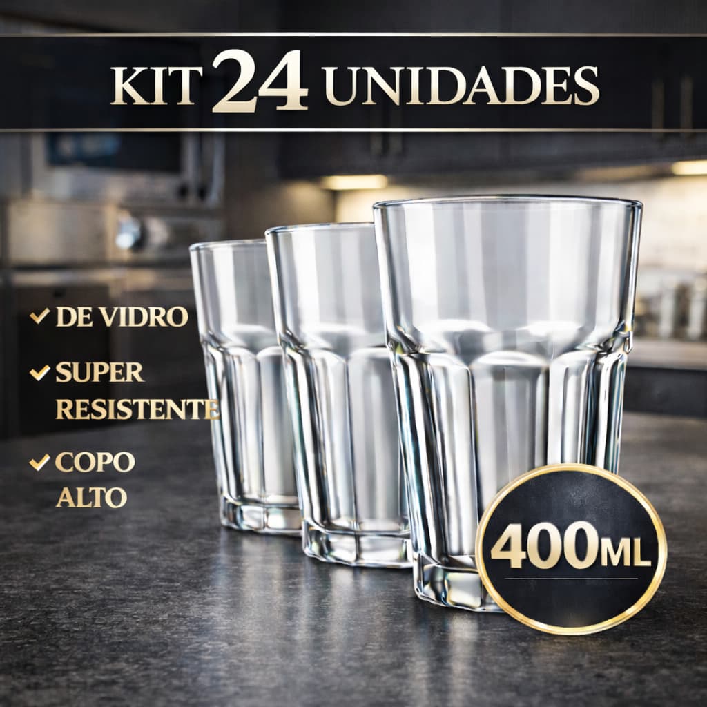 Jogo Copo de Vidro 400ml Super Resistente Copo Alto Premium