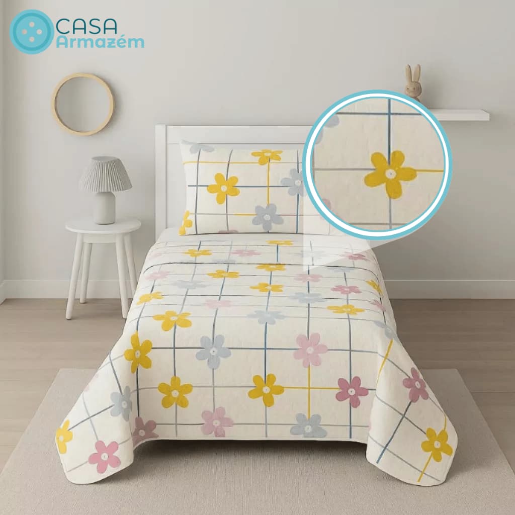 Kit Colcha + Fronha Para Crianças 02 Peças Solteiro Quarto Infantil Menina Estampa Florida
