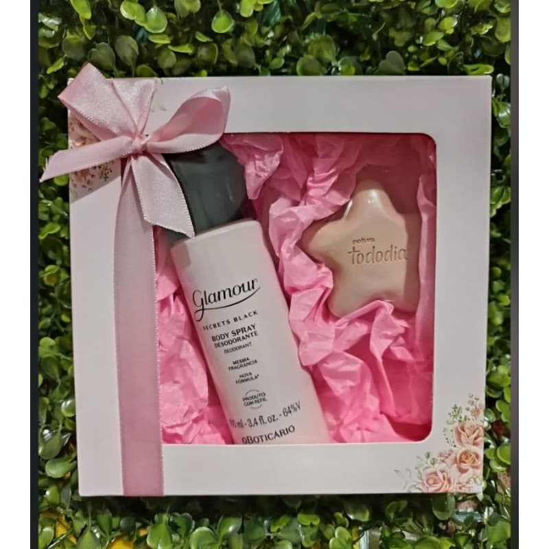 kit para presentear Body spray Glamour Secrets Black 100ml + sabonete em barra formato estrela