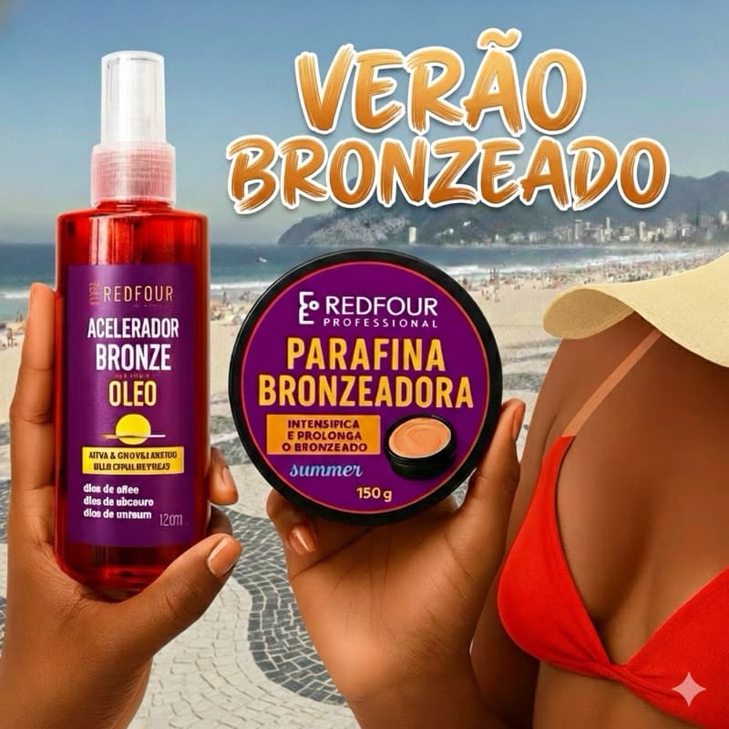 Kit Bronze Perfeito RedFour: Acelerador 120ml + Parafina 150g Marquinha Rápida e Intensa Verão Original
