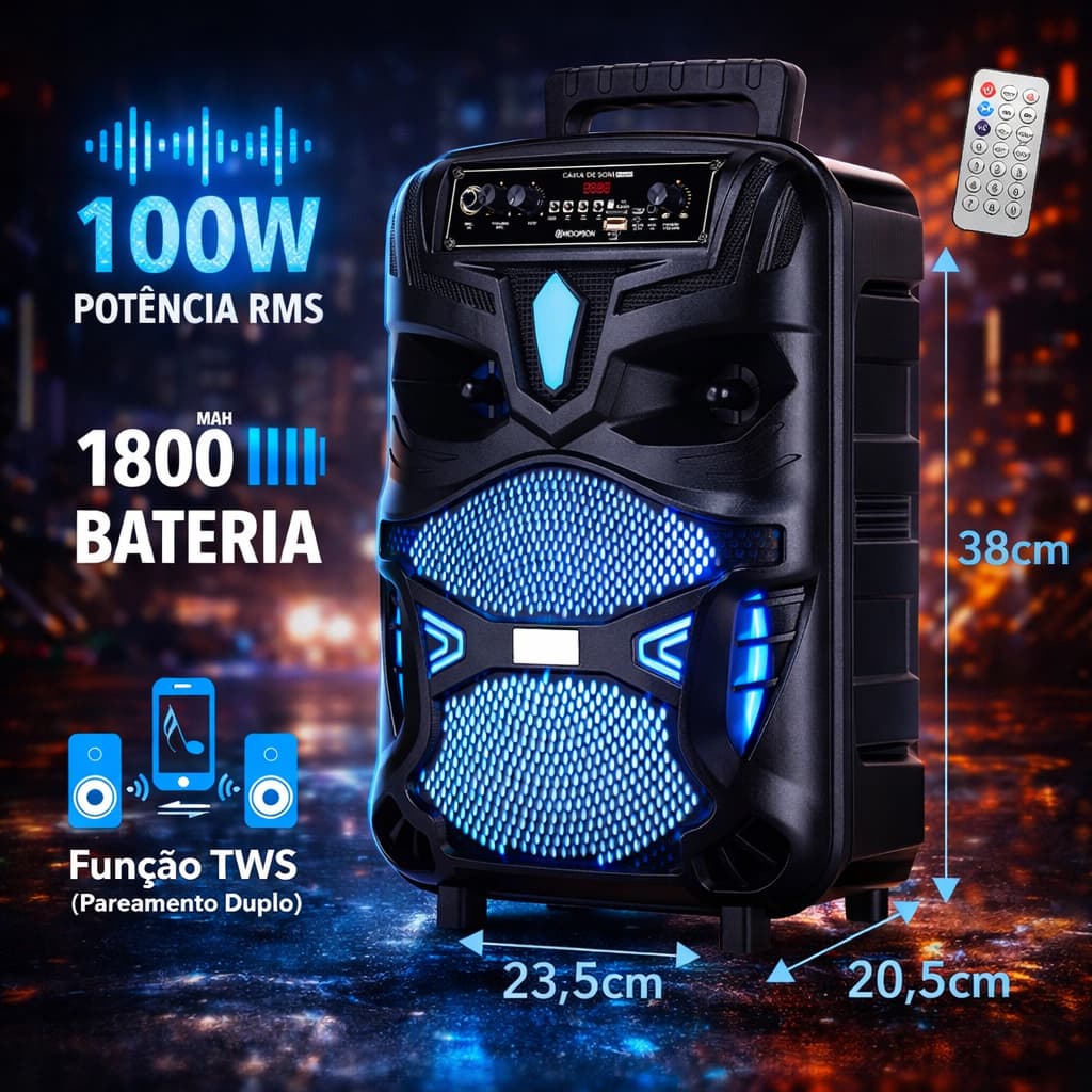 Caixa de Som Portátil LED RGB Bluetooth Estilo Robozinho Potencia 100W RMS Função TWS Hoopson