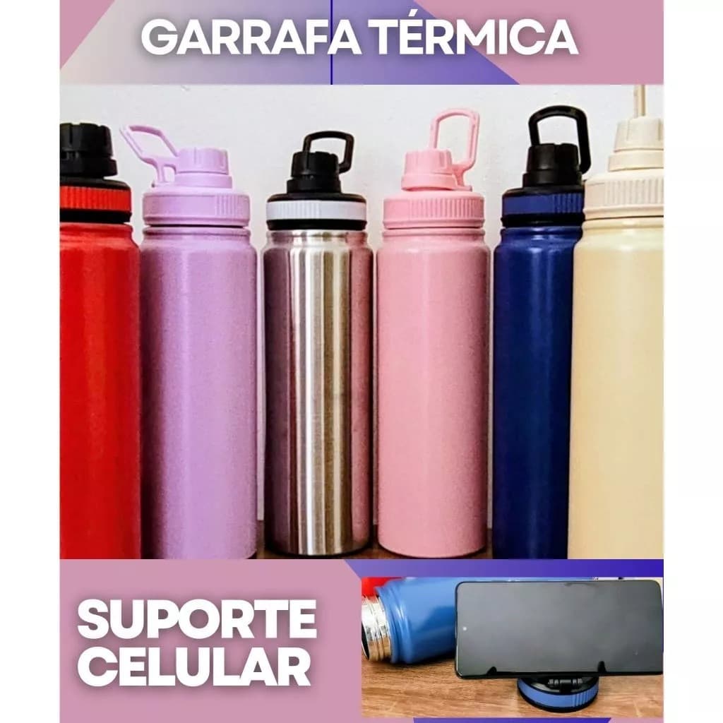Garrafa Térmica de Água 1000ML/800ML Aço Inoxidável Alça Porta Celular Academia, Treino, Trabalho
