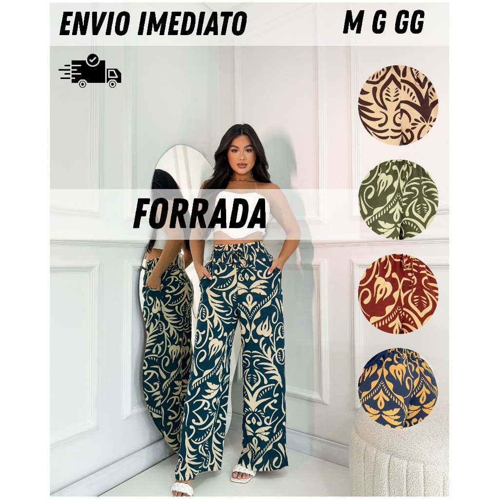 Calça Estampada Feminina Pantalona Forrada Cintura Alta Duna Envio Imediato