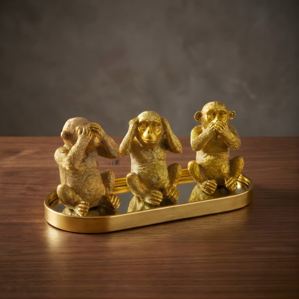 Kit Estátua Decorativa Dourada Bandeja Espelhada Sala Banheiro Cozinha Quarto Escritório Sabedoria