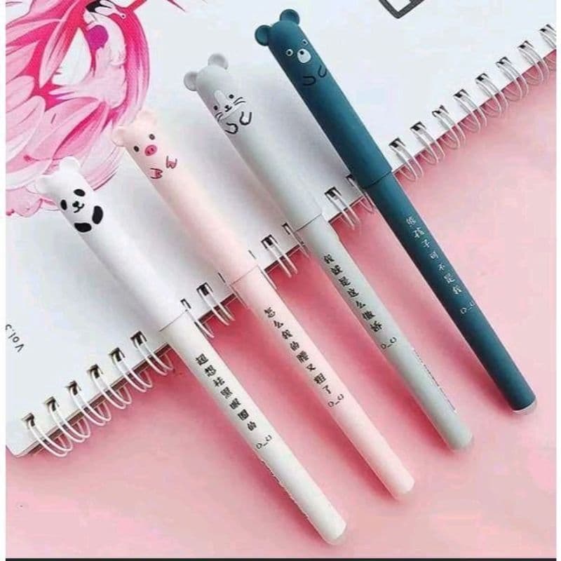 Caneta Apagável Bichinho Fofos 0.4mm Super Fina– 4, 8 ou 12 Unidades | Tinta Azul com Borracha | Papelaria Fofa Escolar