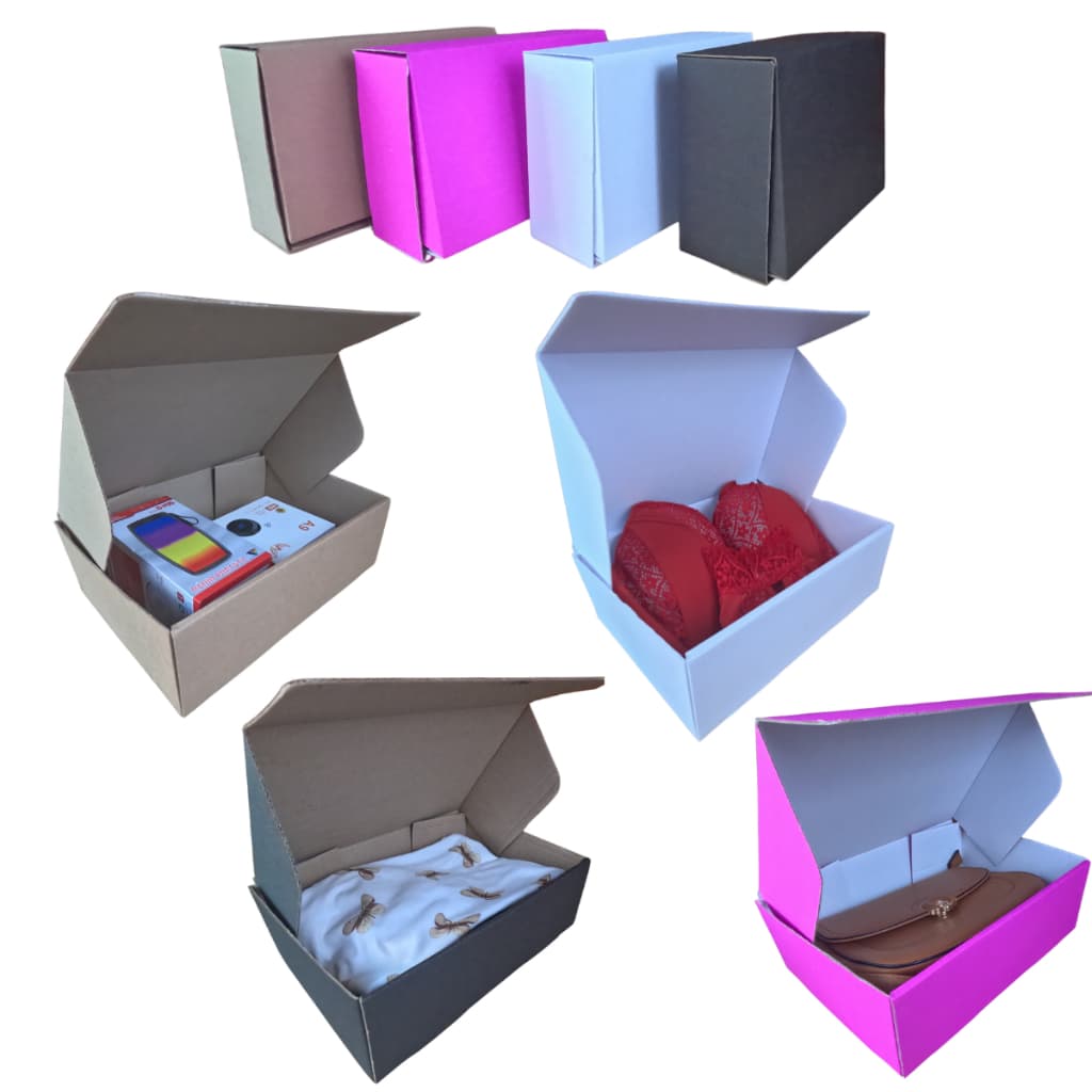 Caixa De Papelão 27x18x9 Montável Envios Roupas Acessórios Cores Preto Branco Pardo Rosa