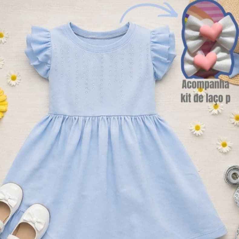 Vestido Infantil Menina 2 ao 8 Anos + kit laço para cabelos Algodão Premium Brilho Casual Blogueira.
