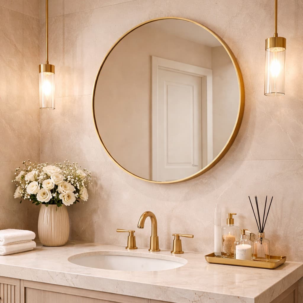 Espelho Banheiro Redondo 80cm + Kit Instalação Moldura Couro Decoração Sala Lavabo Salão Casa Quarto