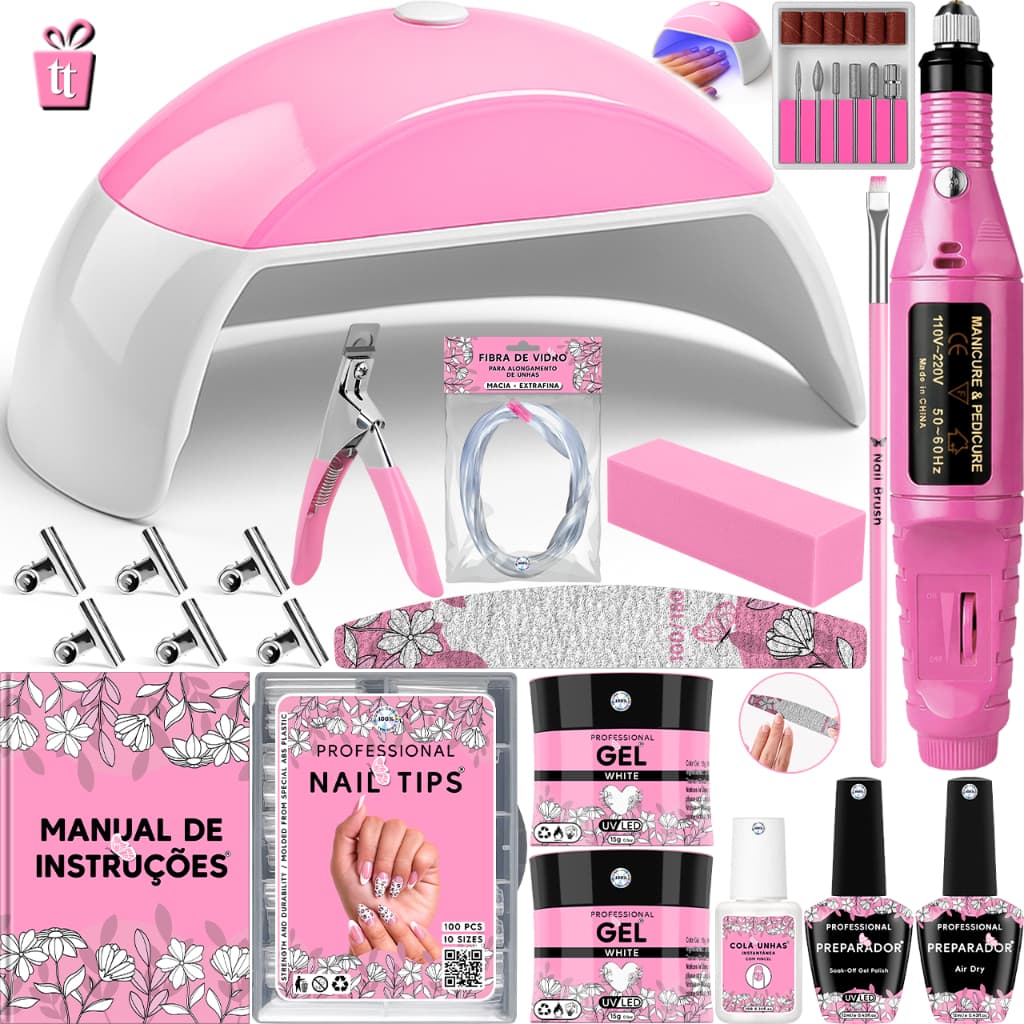 Kit Unha Gel Acrigel Fibra Para Iniciantes Completo Cabine estufa de Unhas e lixadeira elétrica Manicure Profissional