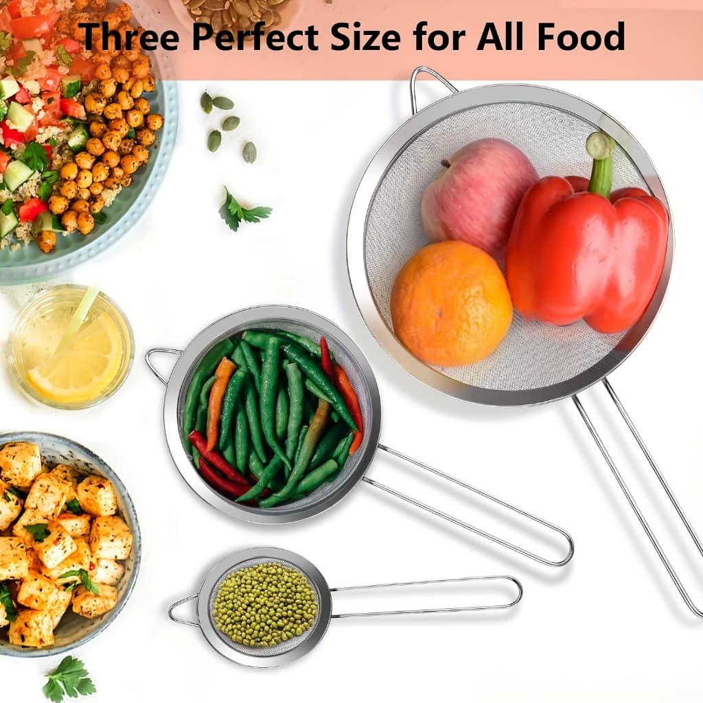 KIT 3 Peneira Coador de Aço Inox 8cm 10cm 12cm 10 para Cozinha Casa Restaurante.