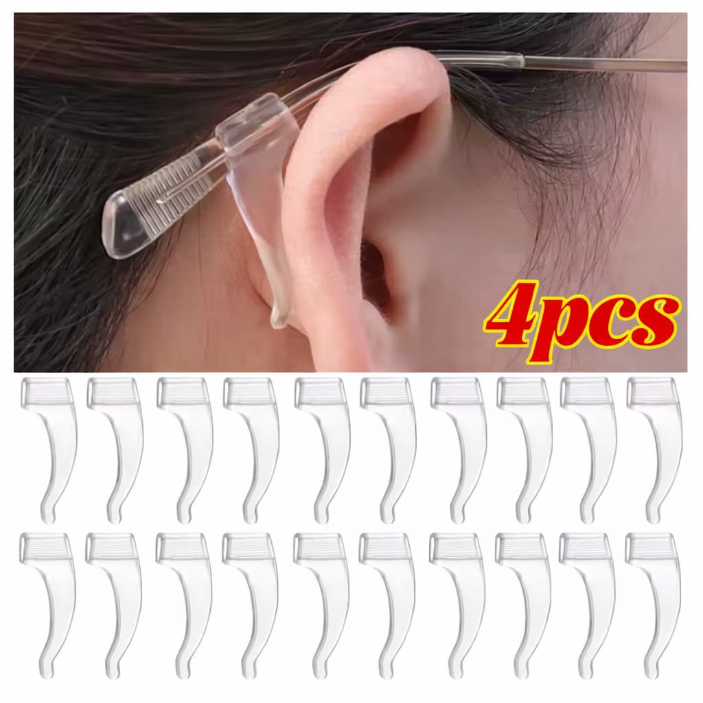 Kit Suporte Para Armação de Óculos Antiderrapante Par Gancho Orelha em Silicone Adulto Infantil 2 Pares Cor Transparente