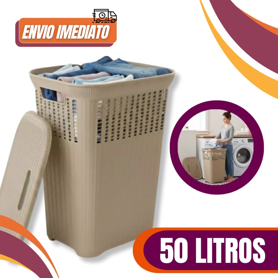 Cesto Telado Rattan Nude 50 Litros Com Tampa Premium