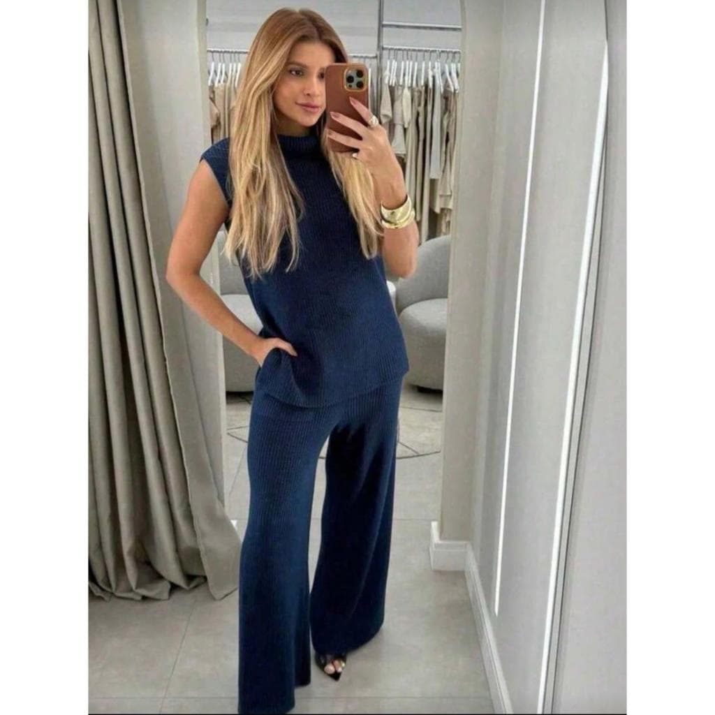 Conjunto Tricot Feminino Max Colete Regata Calça Pantalona Moda Outono Inverno Aerolook Tendência